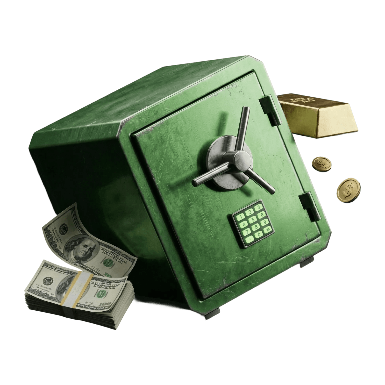 Green security safe with cash and gold bars