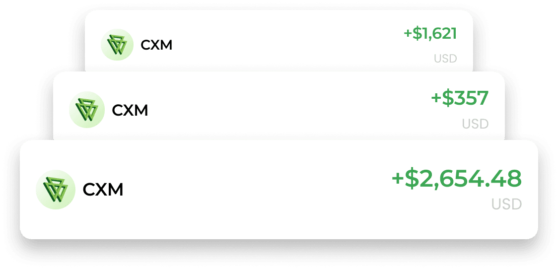 CXM rebate transaction history showing payments of $1,621, $357, and $2,654.48
