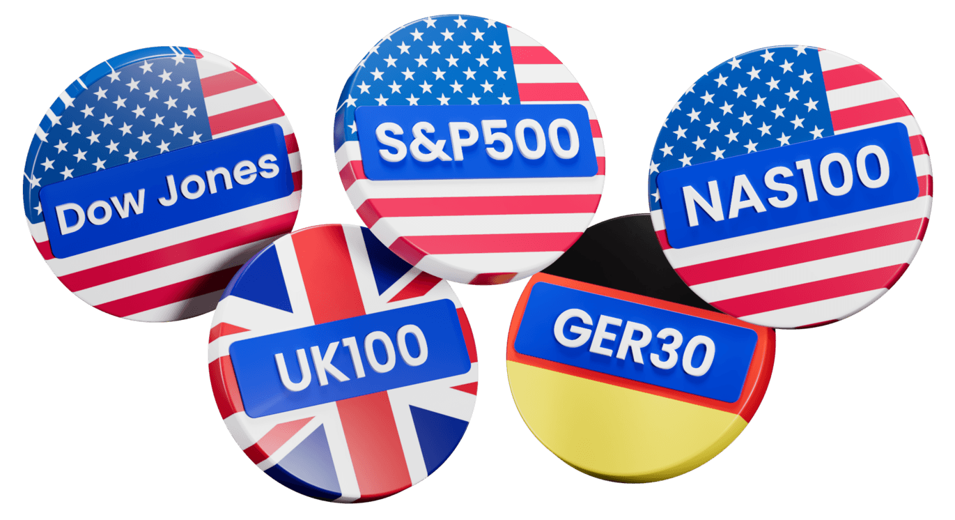 ग्लोबल स्टॉक इंडेक्स बैज - Dow Jones, S&P 500, NAS100, UK100 और GER30