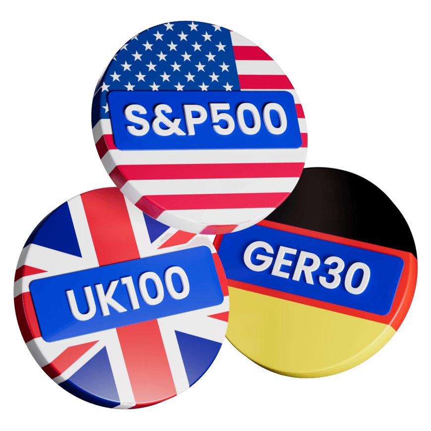 S&P 500, UK100 और GER30 स्टॉक इंडेक्स बैज का 3D इलस्ट्रेशन